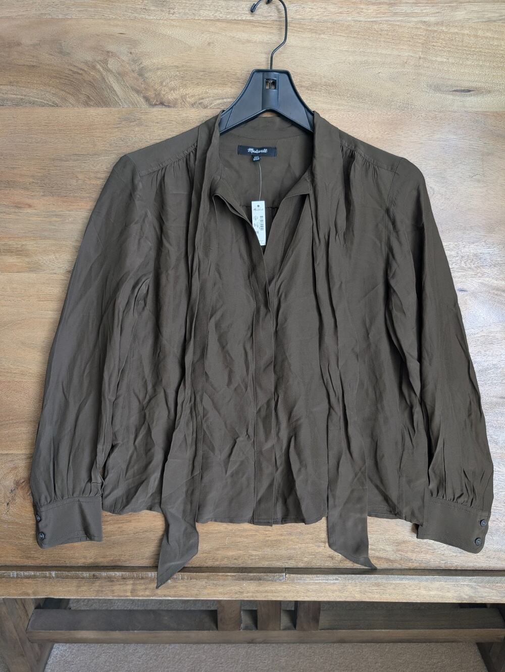 NWT Madewell Blouse Shirt Womens Size XXS Dark Brown Long Sleeve Tie Neck NW993
